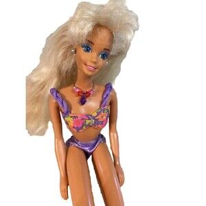 Vintage 1992 Mattel Glitter Beach Barbie Doll Purple Floral Bikini Swimsuit